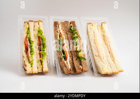 Tre panini confezionati con pane bianco e integrale, ripieni di lattuga, pomodori, tacchino, formaggio, prosciutto e verdure. Ideale per pasti veloci. Foto Stock