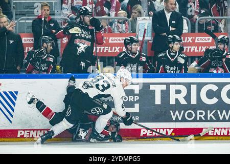 Germania. 27 ottobre 2024. Eishockey Penny-DEL 13.Spieltag Koelner Haie - Grizzlys Wolfsburg AM 27.10.2024 in der Lanxess Arena a Koeln Spencer Machacek ( Wolfsburg ), vorne - Håkon Haenelt ( Koeln ), hinten Gemaess den Vorgaben der DEL Deutsche Eishockey Liga ist die Publikation und Weiterverwertung der Aufnahmen in elektronischen Mediahren Foto: Revierfoto credito: ddp media GmbH/Alamy Live News Foto Stock