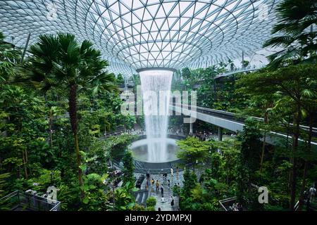 Singapore - 12 agosto 2024: Giardino tropicale al coperto e cascata al centro commerciale Jewel in Changi Airport, progettato da Safdie Architects Foto Stock