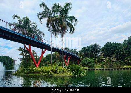Singapore - 14 agosto 2024: Fontane sul lago Dragonfly nei Gardens by the Bay con vista su Supertree Grove e sul Ponte del Lago Dragonfly Foto Stock