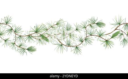 Striscione orizzontale senza cuciture in colore acquerello European Larch Branches. Ramoscello di pino di Natale con aghi. Conifere sempreverdi per tema invernale, Natale Foto Stock