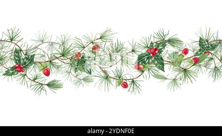 Rami di pino verde con bacche rosse acquerello striscione orizzontale senza cuciture. Ramo Evergreen con bacche di erba di San Giovanni, illustrazione natalizia di bacche di agrifoglio Foto Stock
