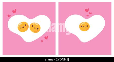 Simpatici tuorli in uova fritte a forma di cuore. Uova di cartoni animati kawaii felici in stile infantile. Modelli di carte d'amore. Illustrazione vettoriale Illustrazione Vettoriale