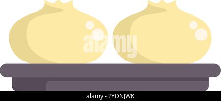 Due panini cotti a vapore da una tazza sono seduti su un vassoio grigio scuro, pronti per essere consumati Illustrazione Vettoriale