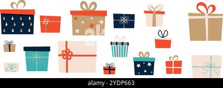 Set di confezioni regalo di Natale confezionate. Confezioni regalo in carta da imballaggio con nastri e fiocchi. Regali per le vacanze. Illustrazione Vettoriale