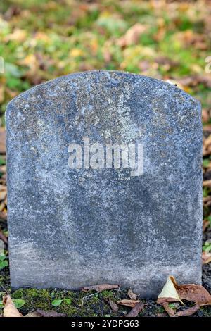 Un primo piano di una lapide molto vecchia. La pietra è vuota. La pietra risale al XVIII o XIX secolo. Sono visibili anche erba e lievito marrone. Foto Stock