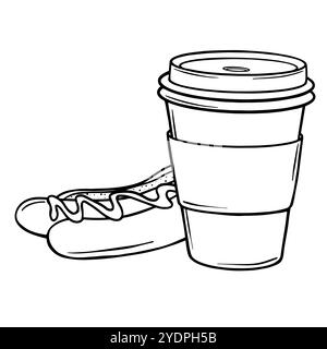 Bozzetto della tazza di caffè di carta e Hot dog. Caffè da asporto e salsiccia nel disegno del contorno del pane dipinto da inchiostri neri. Illustrazione vettoriale disegnata a mano su bianco. Illustrazione Vettoriale