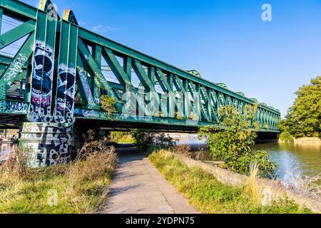 Bow Locks Railway Bridge sul sentiero tra il fiume Lea e Bow Creek, Londra, Inghilterra Foto Stock