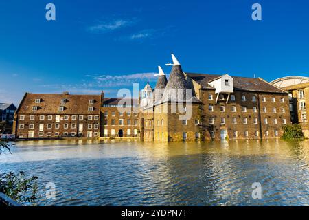 Three Mills Island con House Mill, Miller's House e Clock Mill, Bow, Londra, Inghilterra Foto Stock
