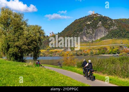 Radweg am Drachenfels, ein Berg im Siebengebirge am Rhein zwischen Bad Honnef und Königswinter, mit Burgruine Drachenfels und Schloß Drachenburg, Links, Schiffsverkehr auf dem Rhein, NRW, Deutschland, Drachenfels Königswinter Foto Stock