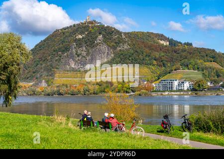 Radweg am Drachenfels, ein Berg im Siebengebirge am Rhein zwischen Bad Honnef und Königswinter, mit Burgruine Drachenfels, Schiffsverkehr auf dem Rhein, NRW, Deutschland, Drachenfels *** percorso ciclabile sul Drachenfels, una montagna nel Siebengebirge sul Reno tra Bad Honnef e Königswinter, con il traffico di battello, le rovine del Drachenfels, la Germania, il Reno, il Drachenfels Foto Stock