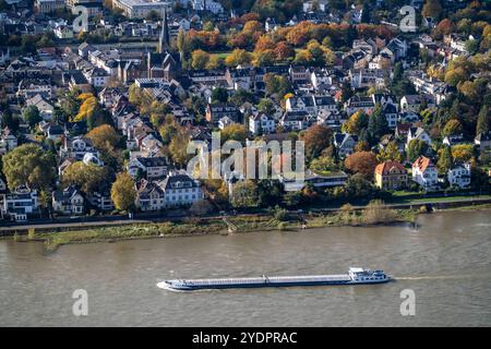 Blick auf den Rhein mit Frachtschiff und Mehlem, Ortsteil von Bonn-Bad Godesberg, NRW, Deutschland, Mehlem Bonn *** Vista del Reno con nave da carico e Mehlem, distretto di Bonn Bad Godesberg, NRW, Germania, Mehlem Bonn Foto Stock