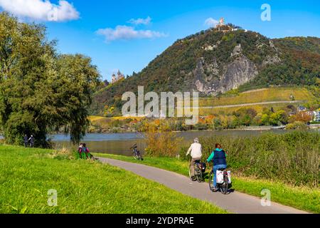 Radweg am Drachenfels, ein Berg im Siebengebirge am Rhein zwischen Bad Honnef und Königswinter, mit Burgruine Drachenfels und Schloß Drachenburg, Links, Schiffsverkehr auf dem Rhein, NRW, Deutschland, Drachenfels Königswinter Foto Stock