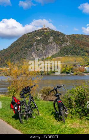 Radweg am Drachenfels, ein Berg im Siebengebirge am Rhein zwischen Bad Honnef und Königswinter, mit Burgruine Drachenfels, Schiffsverkehr auf dem Rhein, NRW, Deutschland, Drachenfels *** percorso ciclabile sul Drachenfels, una montagna nel Siebengebirge sul Reno tra Bad Honnef e Königswinter, con il traffico di battello, le rovine del Drachenfels, la Germania, il Reno, il Drachenfels Foto Stock