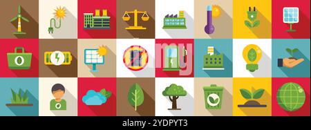 Icone CO2 neutra impostate. Icone colorate che rappresentano fonti di energia rinnovabili, conservazione ambientale e pratiche sostenibili per un futuro più verde Illustrazione Vettoriale