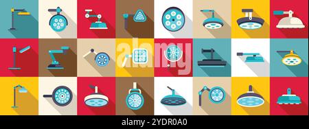 Set di icone per lampade chirurgiche. Lampade chirurgiche che emettono una luce brillante, strumenti essenziali per chirurghi e professionisti medici durante le operazioni e gli esami Illustrazione Vettoriale