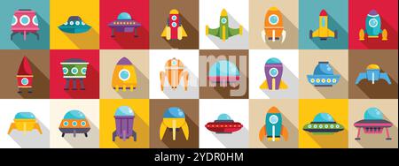 Set di icone astronavi cosmiche aliene. Set di navicelle spaziali colorate e ufo pronti per viaggi ed esplorazioni interstellari Illustrazione Vettoriale