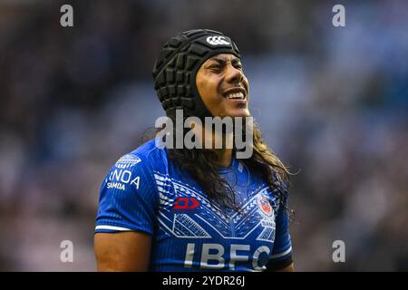 Jarome Luai di Samoa reagisce durante la partita delle ABK Beer Internationals Series Inghilterra vs Samoa al Brick Community Stadium, Wigan, Regno Unito, 27 ottobre 2024 (foto di Craig Thomas/News Images) in, il 27/10/2024. (Foto di Craig Thomas/News Images/Sipa USA) credito: SIPA USA/Alamy Live News Foto Stock