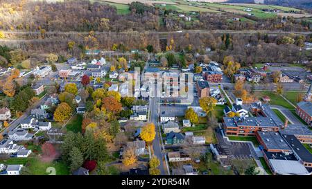 Foto aerea del fogliame autunnale che circonda il villaggio di Homer, Cortland County, New York State, ottobre 2024. Foto Stock