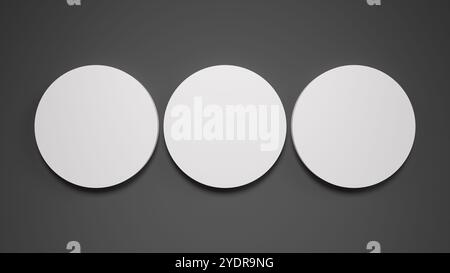Tre cerchi bianchi su sfondo scuro. Composizione minimalista e moderna, perfetta per progetti di interior design e come sfondo. Foto Stock