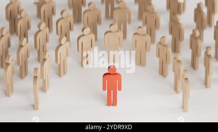 Illustrazione 3D di una bambola di legno. Concetto di discriminazione e inclusione. Le statuette in legno circondavano il rendering rosso.3D su sfondo nero. Foto Stock