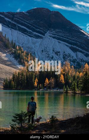 Una donna che viaggia con lo zaino in spalla gode della vista mozzafiato del lago Chester, con il Monte Chester innevato sullo sfondo e i vivaci larici gialli che aggiungono un tocco di eleganza Foto Stock