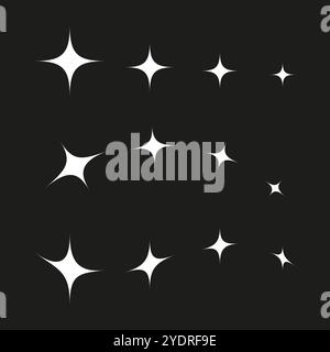 Motivo a stelle bianche. Forme a stella luminose. Sfondo notturno nero. Stelle vettoriali. Illustrazione Vettoriale