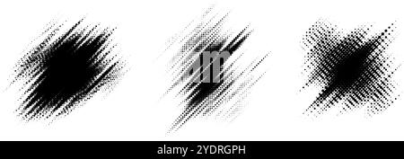 Set di elementi mezzitoni glitch. Raccolta di moduli diagonali a trama tratteggiata. Forme di pop art fumettistica grunge frastagliate per banner, poster, collage, sovrapposizione, etichetta, scatola, blot. Fascio di linee in Distressed vettoriali Illustrazione Vettoriale