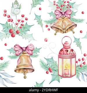 Motivo senza cuciture acquerello natalizio - campana dorata Jingle con fiocco. Bouquet di fiori di punta rossa, composizioni con foglie verdi agrifoglio e. Illustrazione Vettoriale