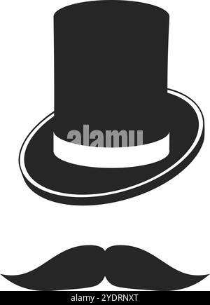 Cappello e baffi vintage con silhouette vettoriale nera Illustrazione Vettoriale