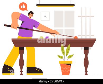 Illustrazione vettoriale del gioco da biliardo con un giocatore in una sala da biliardo con un bastone da biliardo e palle in una società sportiva Illustrazione Vettoriale