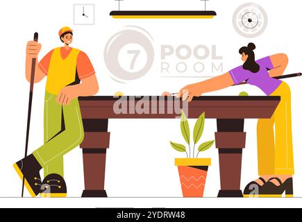 Illustrazione vettoriale del gioco da biliardo con un giocatore in una sala da biliardo con un bastone da biliardo e palle in una società sportiva Illustrazione Vettoriale