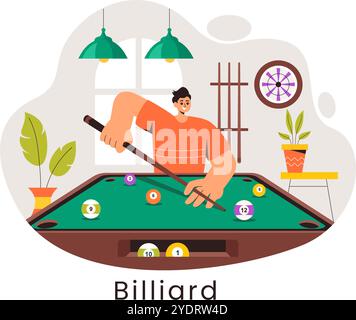 Illustrazione vettoriale del gioco da biliardo con un giocatore in una sala da biliardo con un bastone da biliardo e palle in una società sportiva Illustrazione Vettoriale