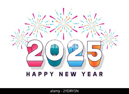 Felice anno nuovo 2025 background. testo 3d, esplosione di fuochi d'artificio su sfondo bianco. Per i banner Web, i volantini e i poster delle festività natalizie Illustrazione Vettoriale
