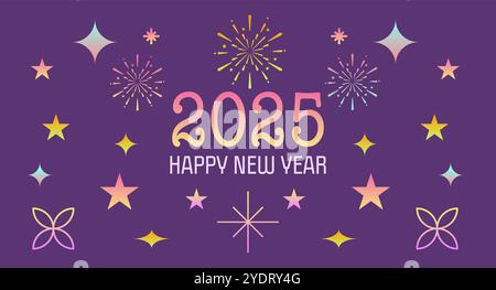 Felice anno nuovo 2025 con stelle colorate e fuochi d'artificio - banner Web trendy e festivo, sfondo, bigliettino di auguri Design Illustrazione Vettoriale