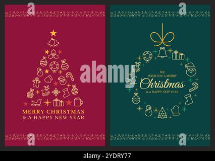 Buon Natale e felice design della tessera di Capodanno. Poster con icone albero di Natale e corona o sfera di Natale, biglietto di auguri, banner Web o sfondo Illustrazione Vettoriale