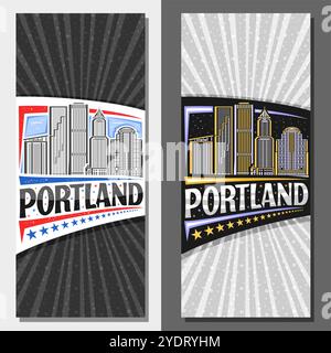 Layout verticali vettoriali per Portland, opuscolo decorativo con illustrazione a linee del paesaggio urbano di portland sullo sfondo del giorno e del tramonto, tour di design artistico Illustrazione Vettoriale