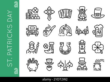 Icone del giorno di San Patrizio Set di 20 simboli irlandesi festivi Illustrazione Vettoriale