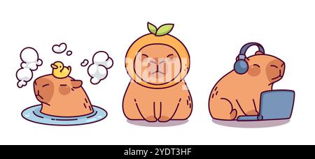 Carino personaggio del capybara. Divertente vettore animale piatto. Tangerine sulla testa del progetto di stampa isolato kawaii capibara. Semplice mascotte con laptop che lavora e gioca con l'anatra in acqua. Espressione emotiva seria Illustrazione Vettoriale