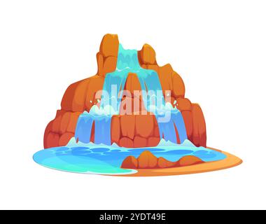 Cascata di cartoni animati, cascata d'acqua. Spruzzi vettoriali e getti d'acqua blu che cadono da una scogliera marrone o da una roccia del canyon. Flusso isolato a cascata in ambiente naturale o parco Illustrazione Vettoriale