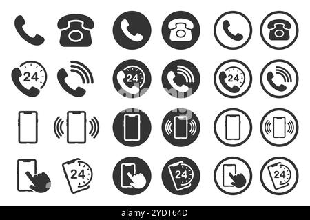 Set di simboli dell'icona di connessione del contatto telefonico. Smartphone, logo Old phone firma collezione. servizio 24 ore su 24, 7 giorni su 7. Immagine di illustrazione vettoriale. Isolato su Illustrazione Vettoriale
