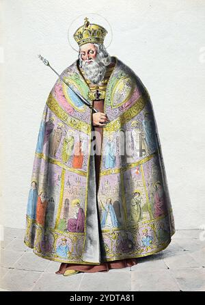 Stefano i il Santo, Sanctus Stephanus, Szent Istvan, nato nel 969 vicino a Esztergom; morto il 15 agosto 1038) fu un principe magiaro della dinastia Árpád e dal 1000 al 1038 il primo re del Regno d'Ungheria, che fondò. È considerato il santo nazionale dell'Ungheria moderna, riproduzione storica, restaurata digitalmente di un originale del XIX secolo, data record non dichiarata", "Stephan I. der Heilige, geb. 969 bei Esztergom; gest. 15 agosto 1038) War ein magyarischer Fürst aus der Dynastie der arpaden und von 1000 bis 1038 erster König des von ihm begründeten Königreiches Ungarn. Er dorato al Foto Stock