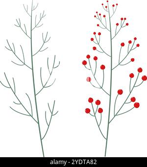 Illustrazioni di bacche rosse, su sfondo isolato come decorazione natalizia Illustrazione Vettoriale