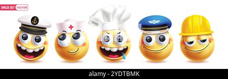 Set vettoriale di caratteri emoticon per professionisti emoji. Set di professionisti della navigazione, medici, chef, piloti e lavoratori edili Illustrazione Vettoriale