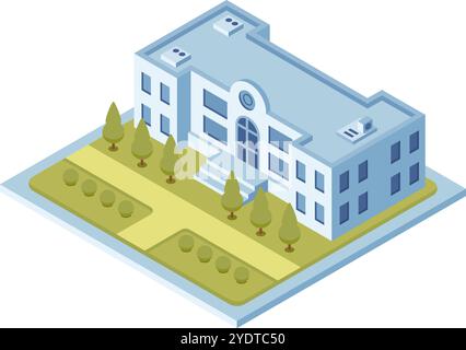 Illustrazione vettoriale isometrica di un moderno edificio pubblico con giardino circostante, che rappresenta l'architettura urbana e la pianificazione urbana Illustrazione Vettoriale