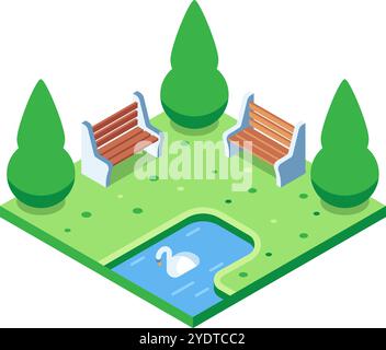 Parco cittadino isometrico con panchine, alberi, erba verde e un cigno che nuota in uno stagno Illustrazione Vettoriale