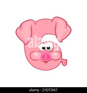 Cartoni animati numero 6, figura sei. Cartone animato di numero con un concetto animale. Calligrafia, lettere, tipografia per le carte o il gioco Education Illustrazione Vettoriale