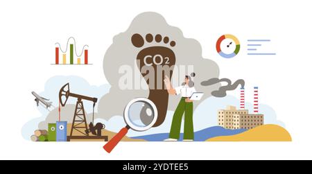 Impronta di carbonio o concetto di responsabilità ambientale. Character analizza i modi per ridurre le emissioni di co2 e l'impatto climatico. Donna che riduce l'inquinamento causato da fabbrica industriale, trasporti e raffineria di petrolio Illustrazione Vettoriale