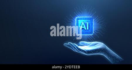 Chip con lettere ai in mano. Tecnologia AI, nucleo robotico, linea elettrica Illustrazione Vettoriale