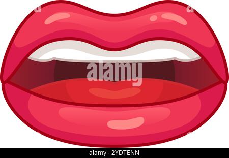 Le labbra femminili lucide sono leggermente aperte, mostrano lingua e denti, magari parlando, cantando o assaggiando Illustrazione Vettoriale